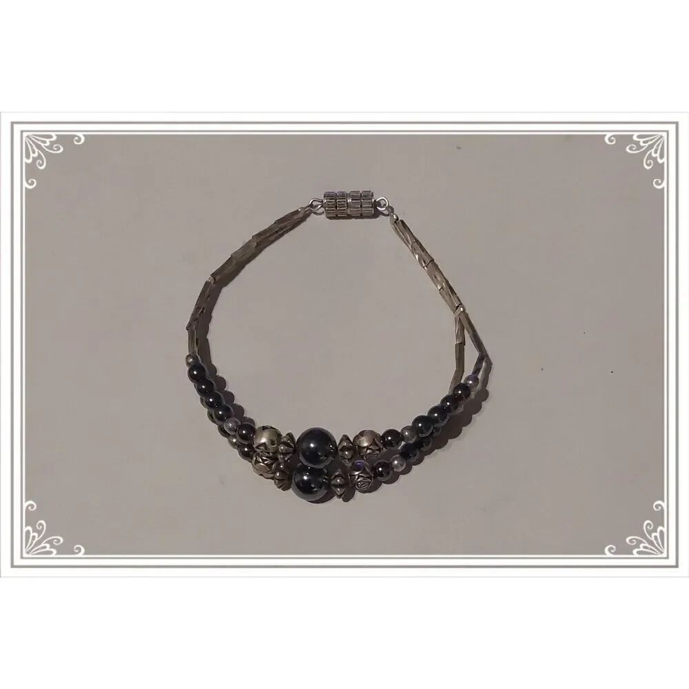 Vintage Double Strand Hematite & Rose Beads 925 Sterling Bracelet